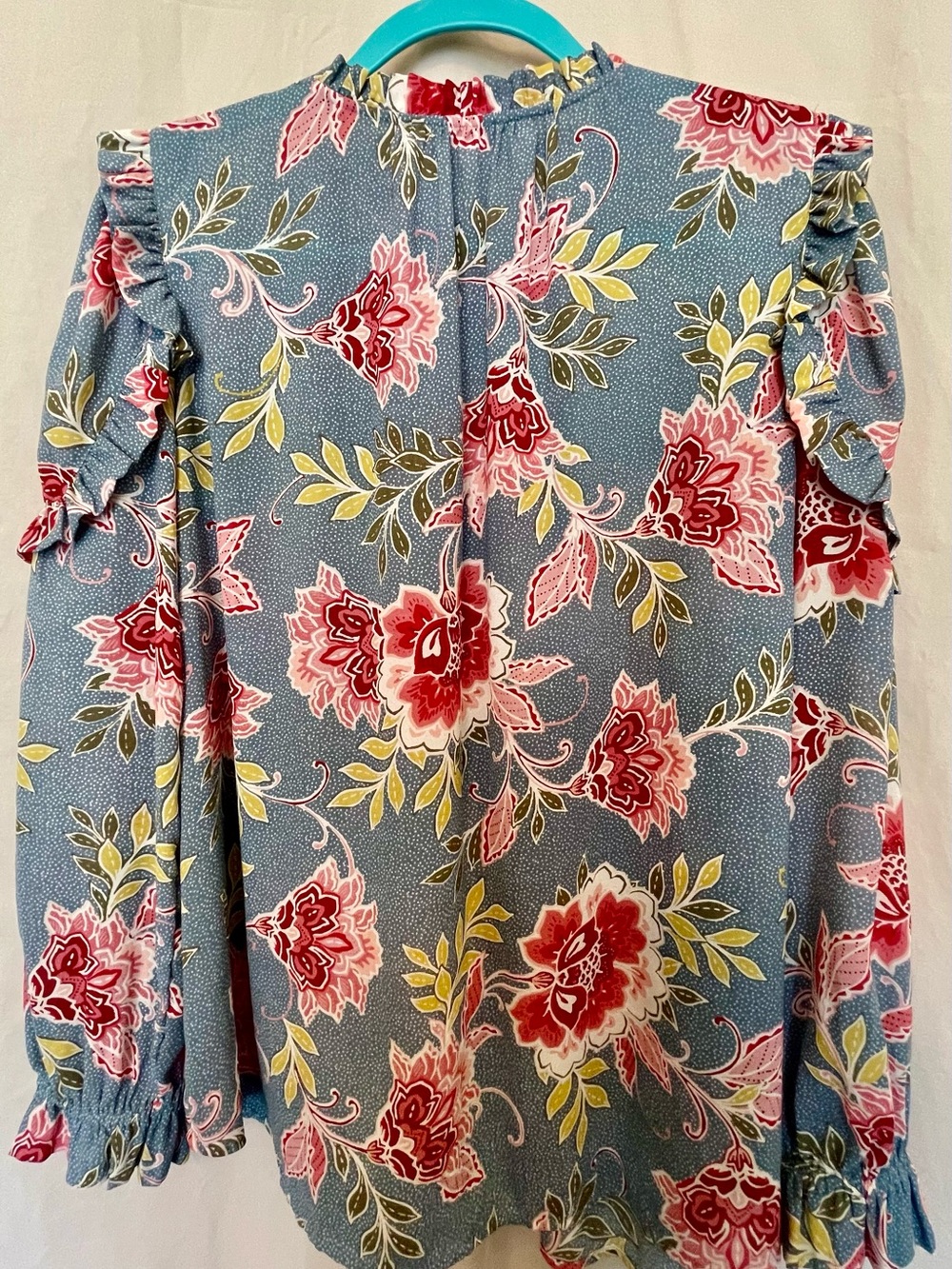 LOFT Blue Floral Ruffle-Neck Blouse - Picture 7 of 8